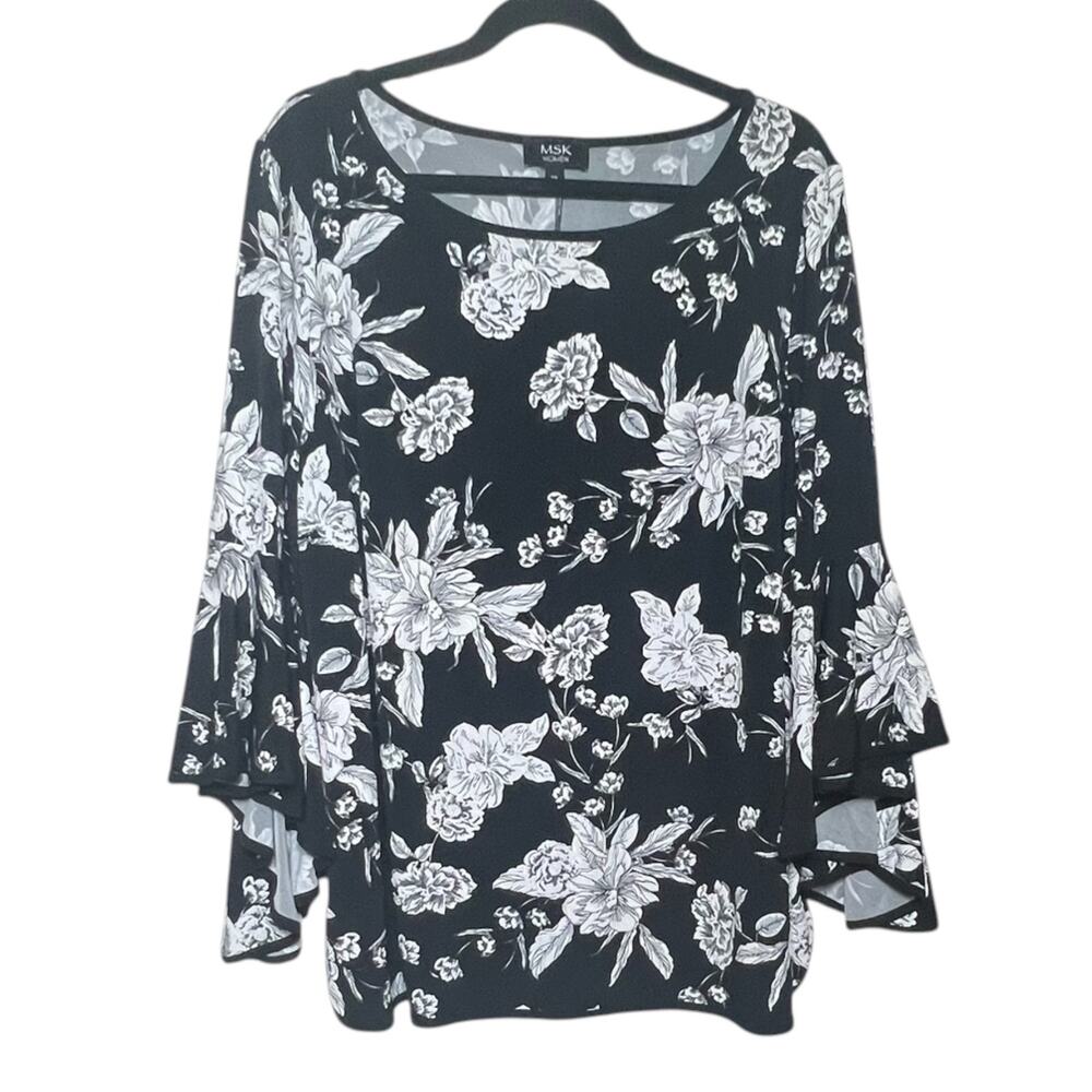 MSK Women's Size 2X B/W Floral Blouse Bell Sleeve Relaxed Fit Flowy Stretchy Top